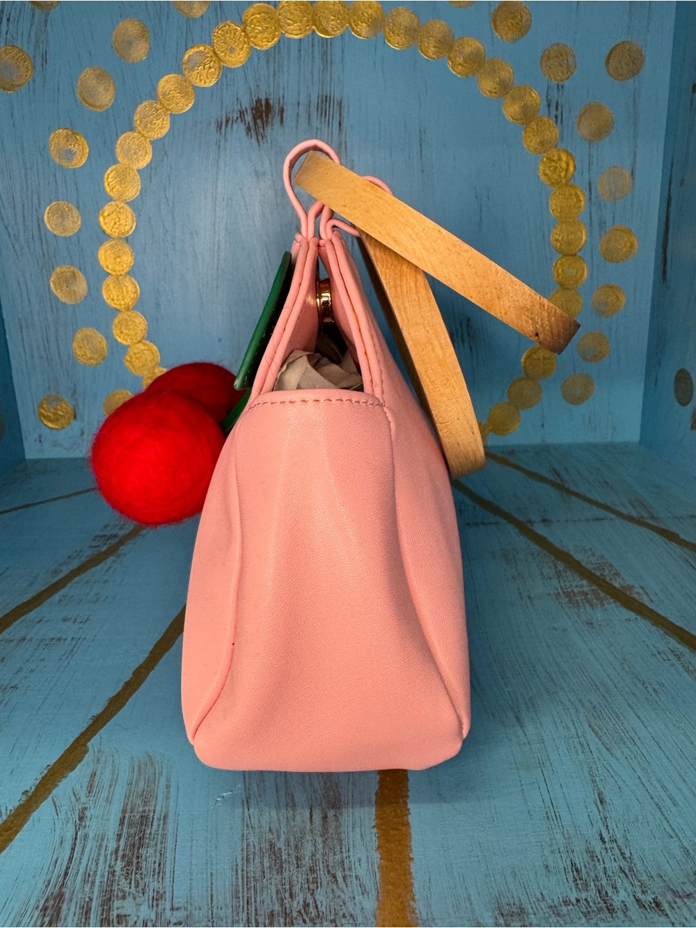 Valfre Cherry Pink Women’s Pleather Wooden Top-Handle Clutch - Picture 6 of 11